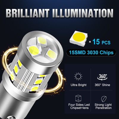 ไฟไฟสัญลักษณ์การหันรถไฟฟ้า LED สีขาวทั่วไป1156 1157 3030 15SMD ไฟหลอด LED สีขาวเหลือง Canbus ทะเบียนทะเบียนภายใน LED