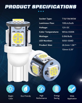 194 หลอดไฟ LED สำหรับรถยนต์ 6500K Wedge T10 SMD 5050 Chips