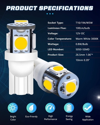 194 หลอดไฟ LED สำหรับรถยนต์ 6500K Wedge T10 SMD 5050 Chips