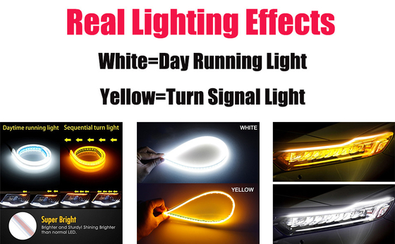 Flowing Bar ซิลิโคน Drl ไฟวิ่งกลางวัน 45 ซม. 17.7 &quot;สีขาวสีเหลืองอำพันยืดหยุ่นหลอด LED Strip