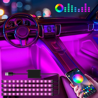 4 ชิ้น 48 Led Strip รถ บรรยากาศภายในไฟ IP65 พร้อมพอร์ต USB APP Control